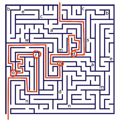 Printable maze puzzle for escape room with letters along the correct path