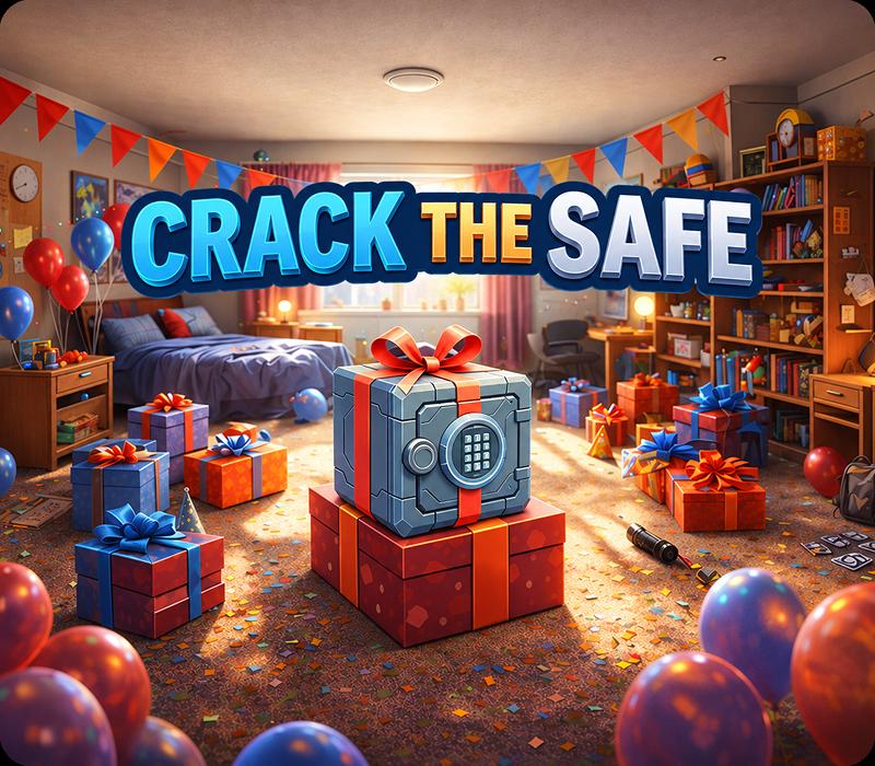 A birthday bedroom full of balloons, bunting and wrapped presents, with a giant safe-shaped gift box in the middle of the room