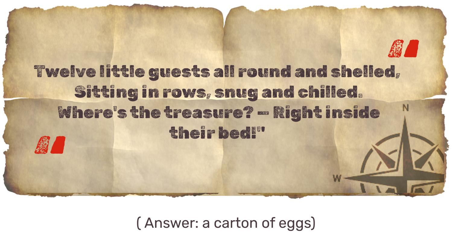 Egg carton in fridge with chocolate treasure - final clue solution in home treasure hunt