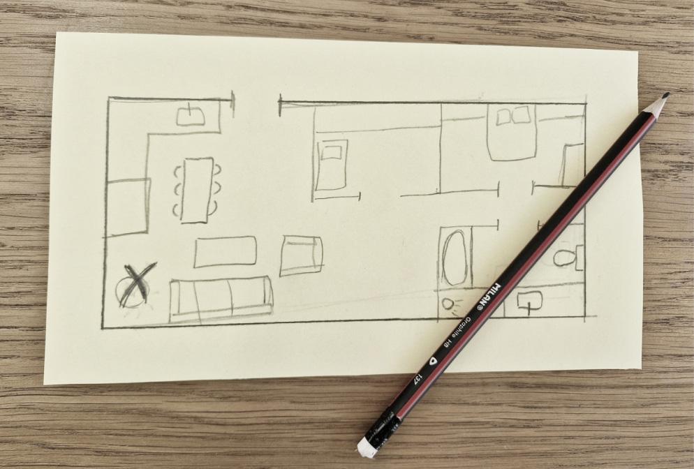 Apartment map for escape room - home map with X marking treasure location